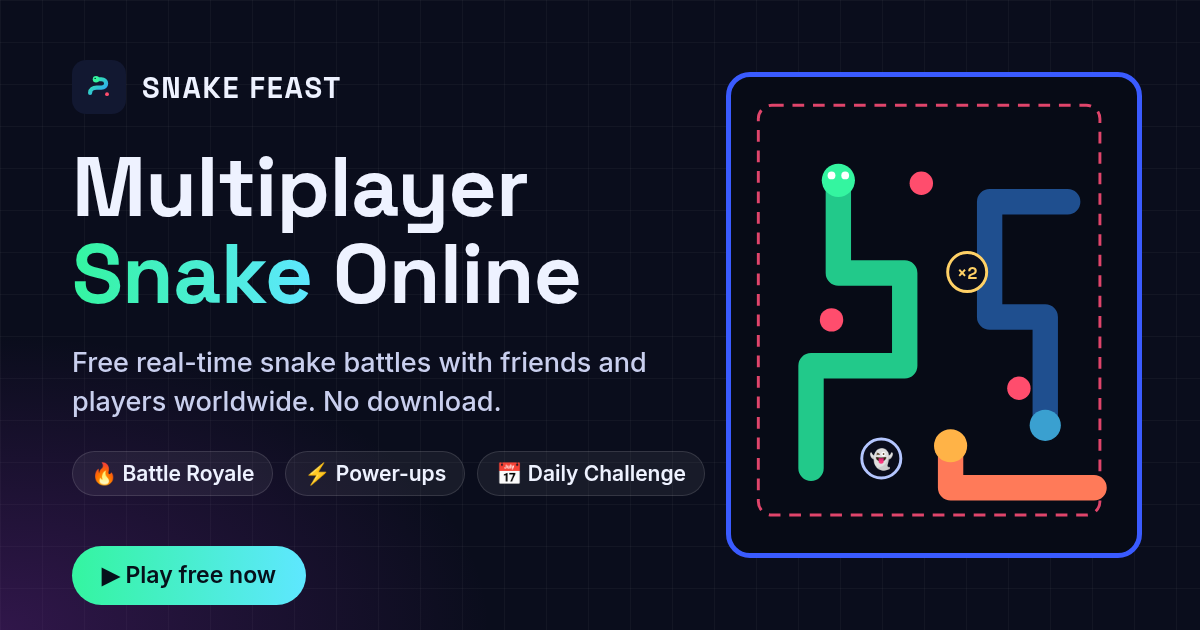 Snake Feast multiplayer snake arena with power-ups and a closing battle royale zone